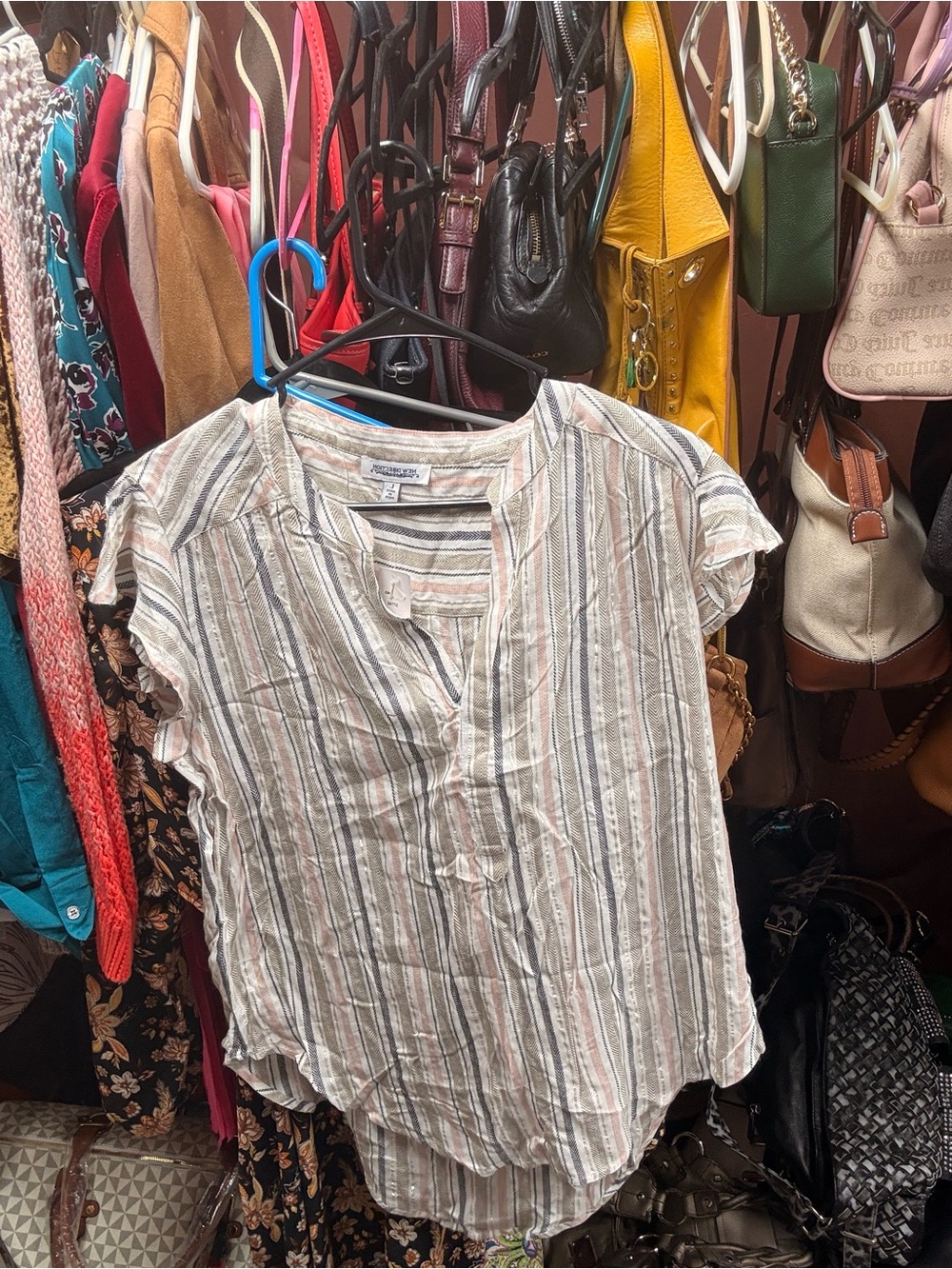 new directions Cream and Tan Striped Short-Sleeve Blouse